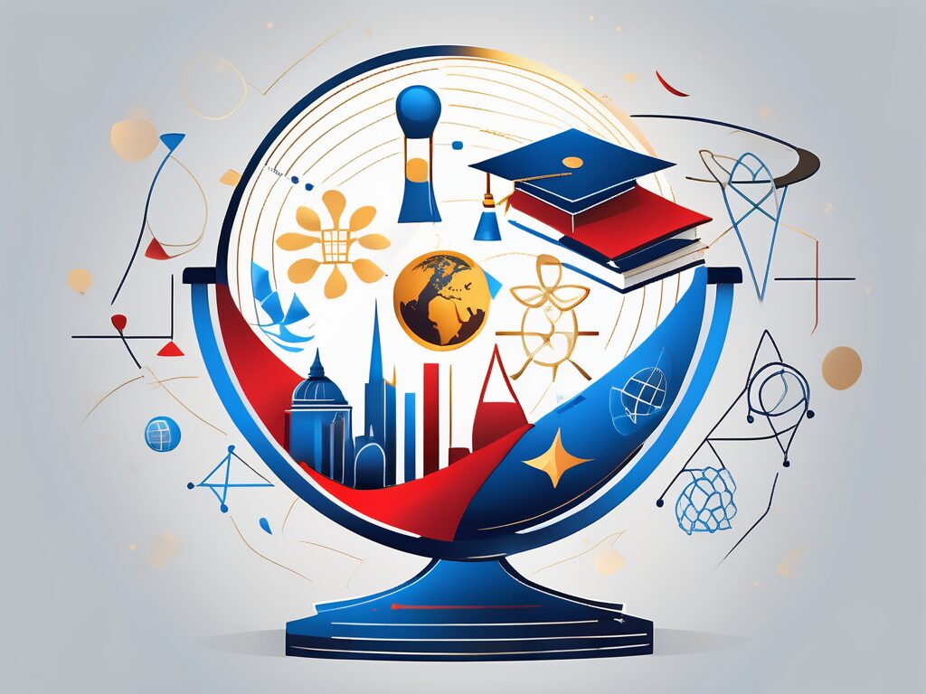 A globe with iconic educational symbols (like a graduation cap