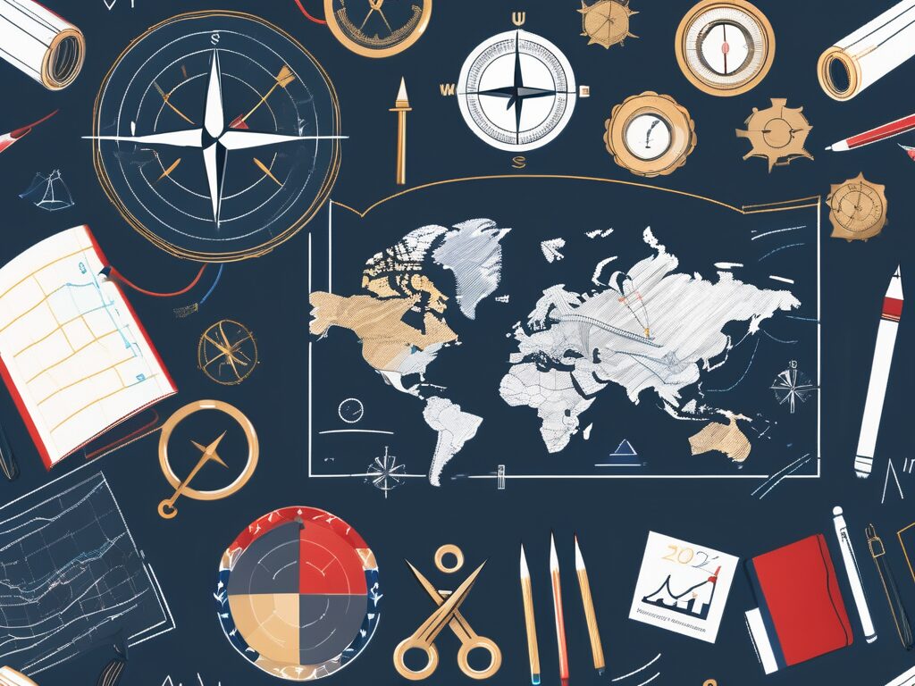 A classroom with a chalkboard displaying a uk map and a compass