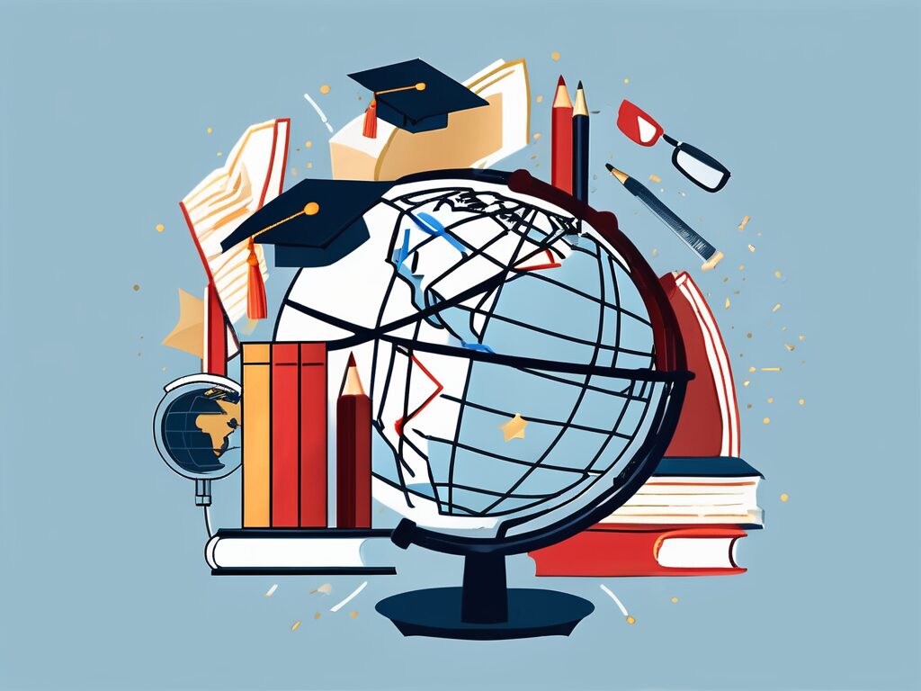 A globe with different iconic school items such as a graduation cap