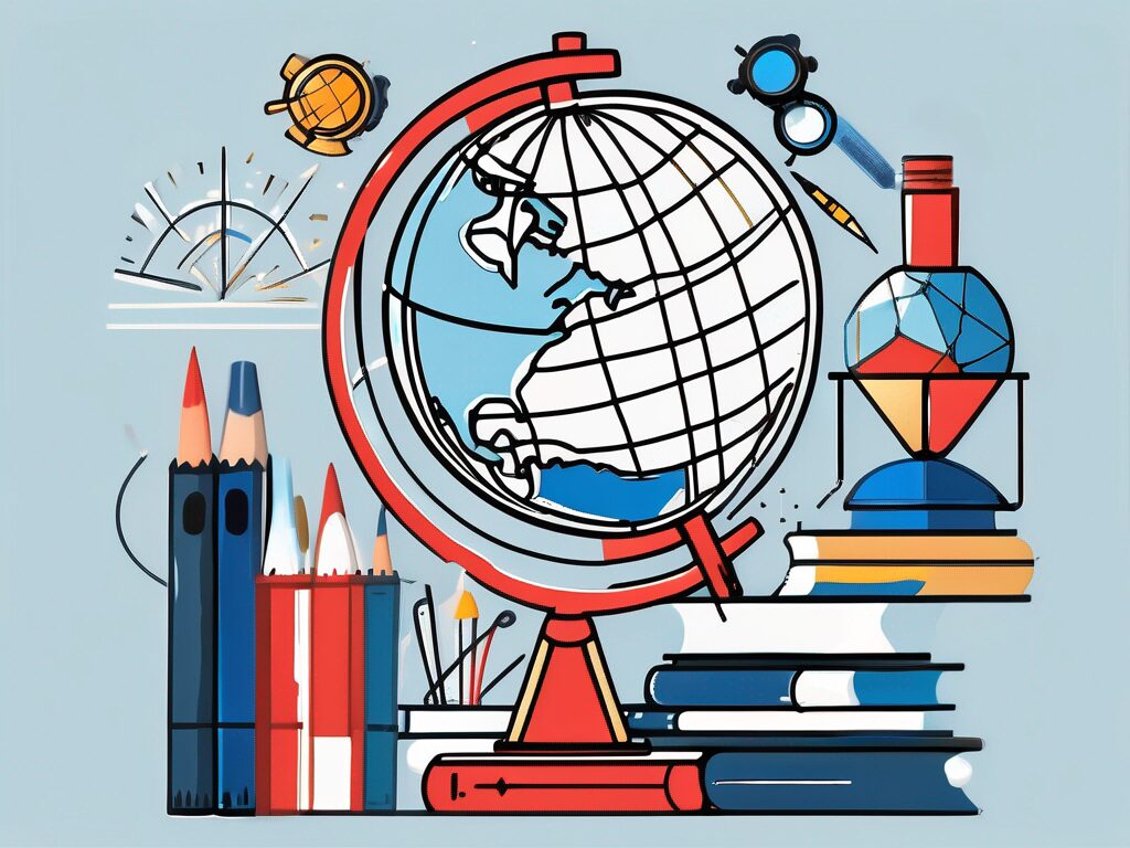 A globe surrounded by various educational tools such as books