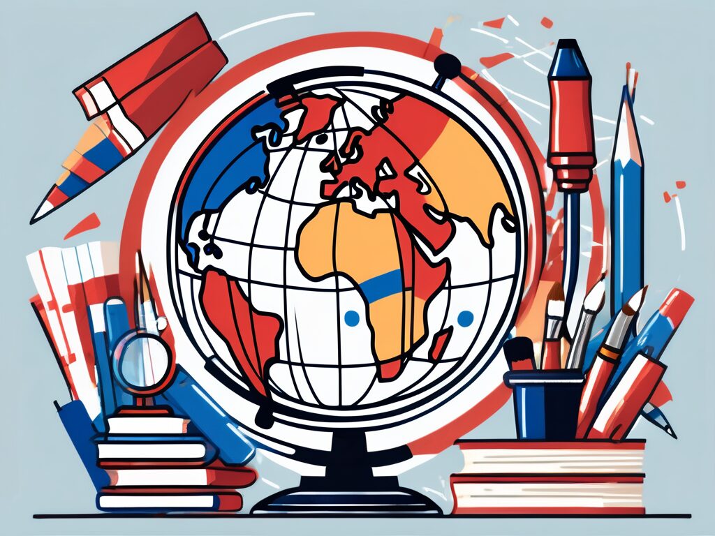 A globe surrounded by various educational tools such as books