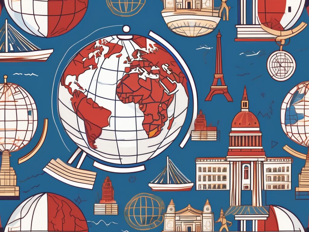 A globe surrounded by various international landmarks