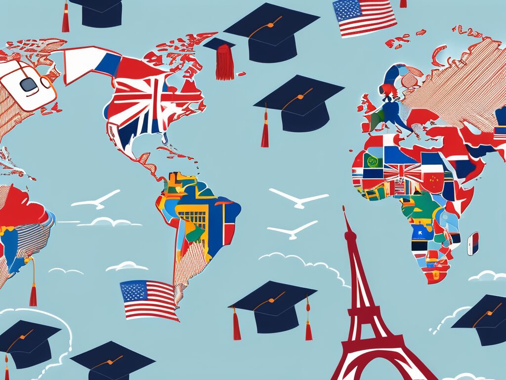 A globe with iconic landmarks from different countries