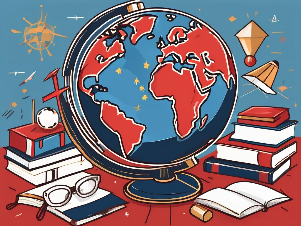 A globe with various school-related symbols (like a graduation cap