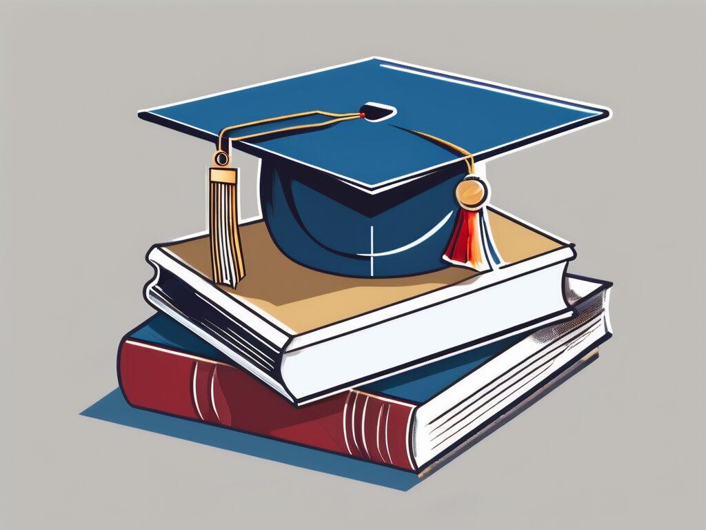 A graduation cap sitting atop a stack of textbooks