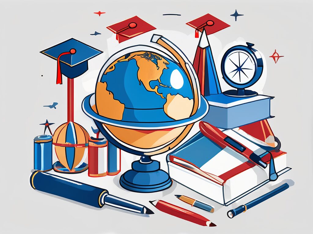 A globe surrounded by various educational tools such as a compass