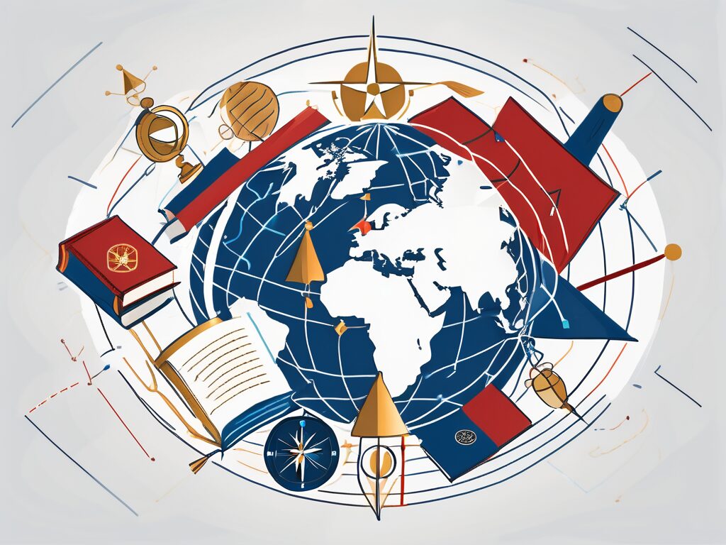 A globe with various educational symbols like graduation cap