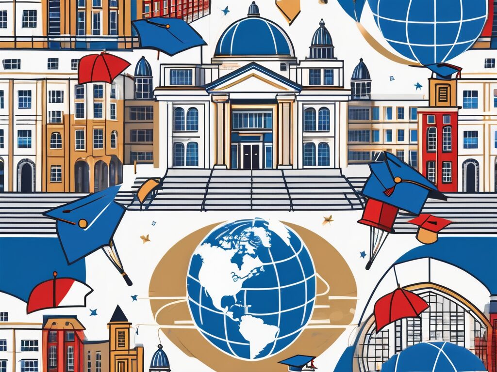 A globe surrounded by various iconic international school buildings