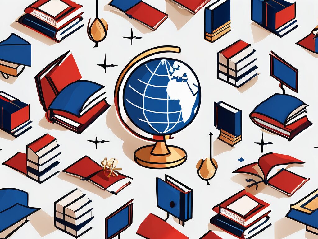 A globe surrounded by various educational symbols like books