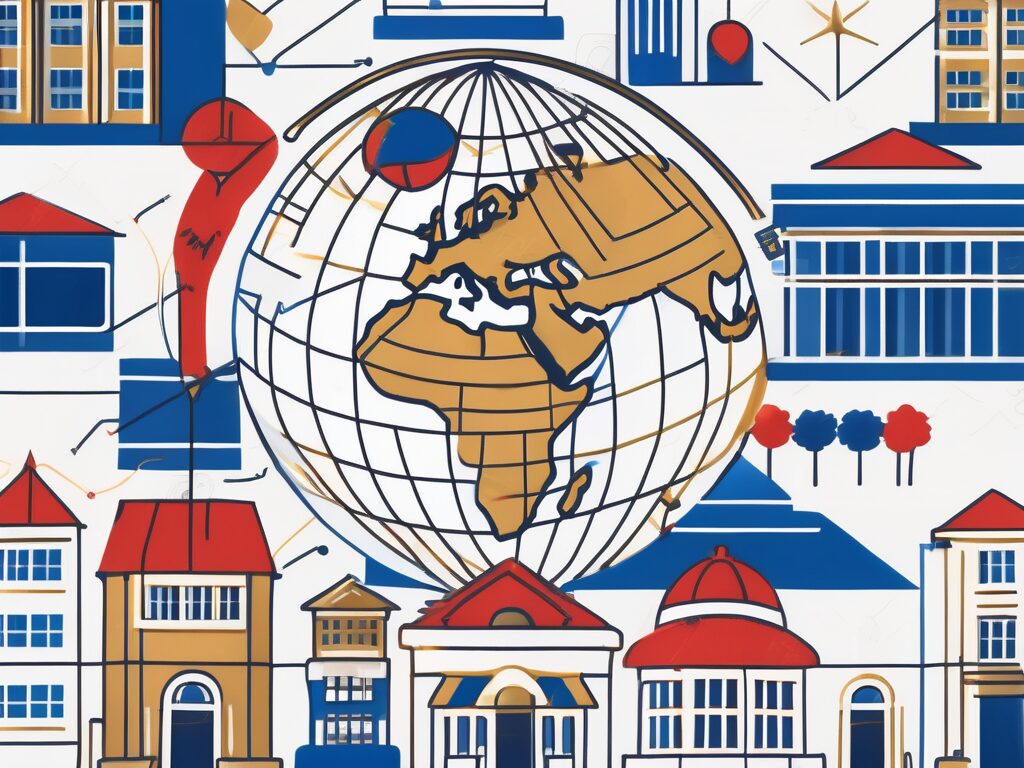 A globe with various international school buildings