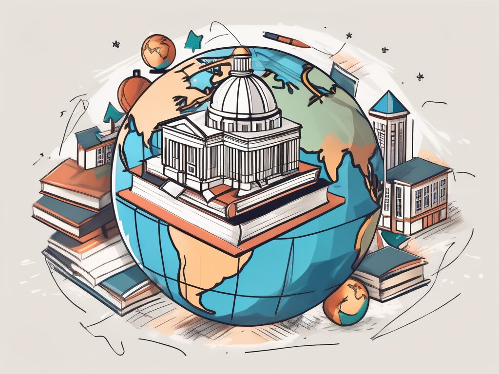 A globe with various school-related symbols like books
