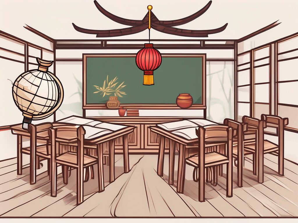 A classroom with traditional chinese elements such as a lantern
