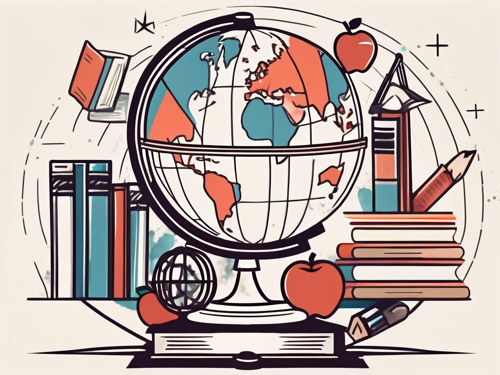 A globe surrounded by various educational tools like books