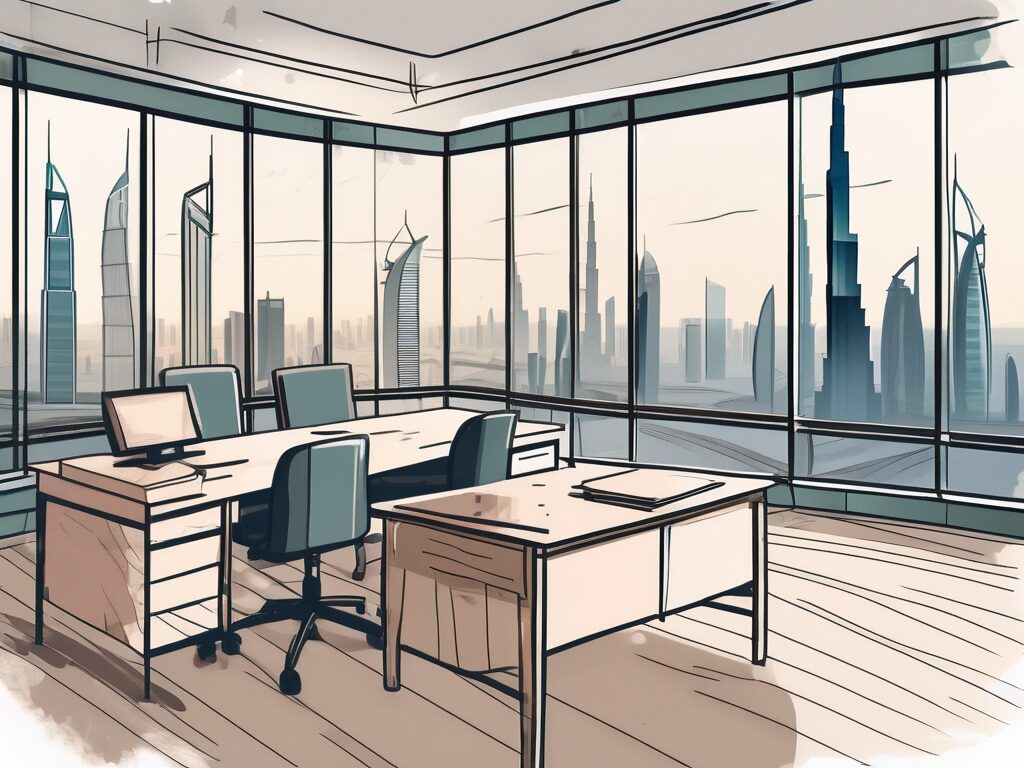 A classroom with a view of the dubai skyline