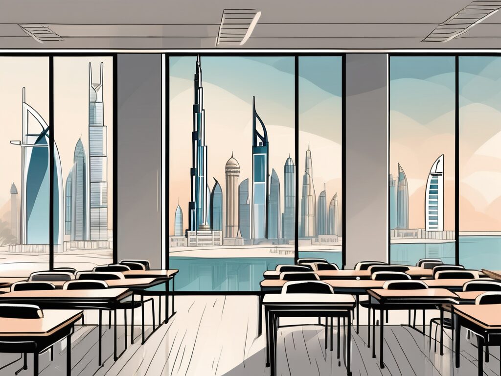 A classroom with a view of the iconic dubai skyline