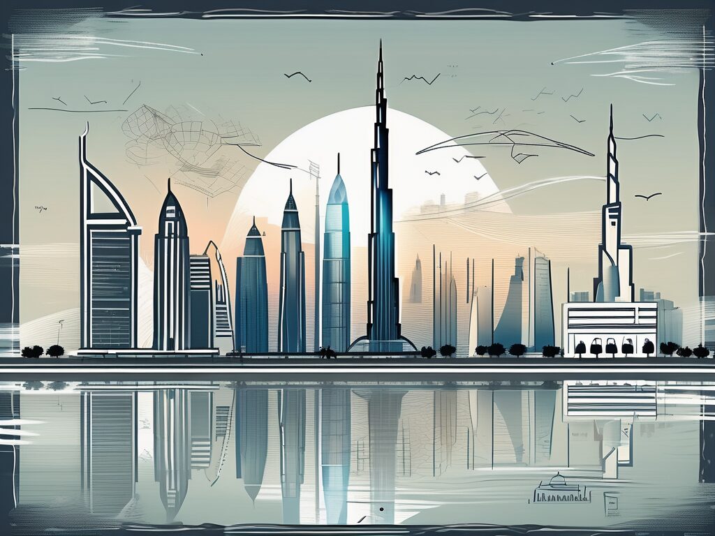 A modern dubai cityscape with notable landmarks like the burj khalifa and palm jumeirah