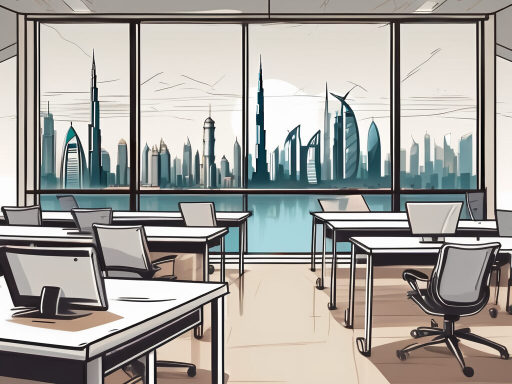 A modern classroom with international flags