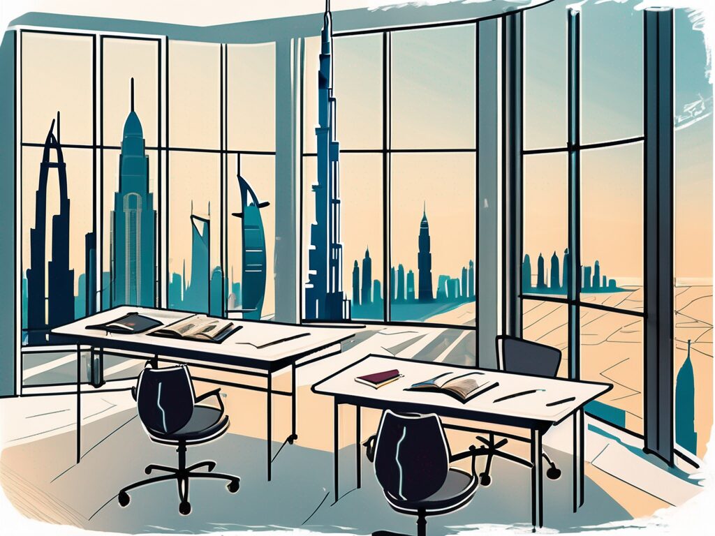 A modern classroom with a view of the dubai skyline in the background