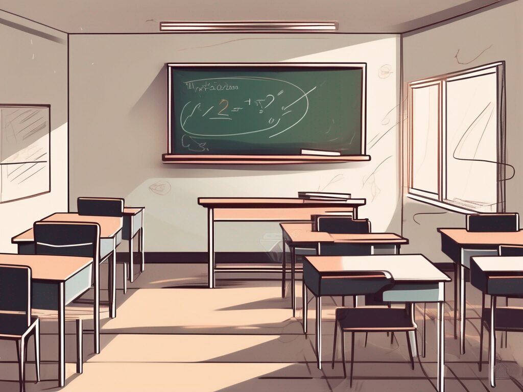 A uae classroom setting with empty teacher's desk and chalkboard