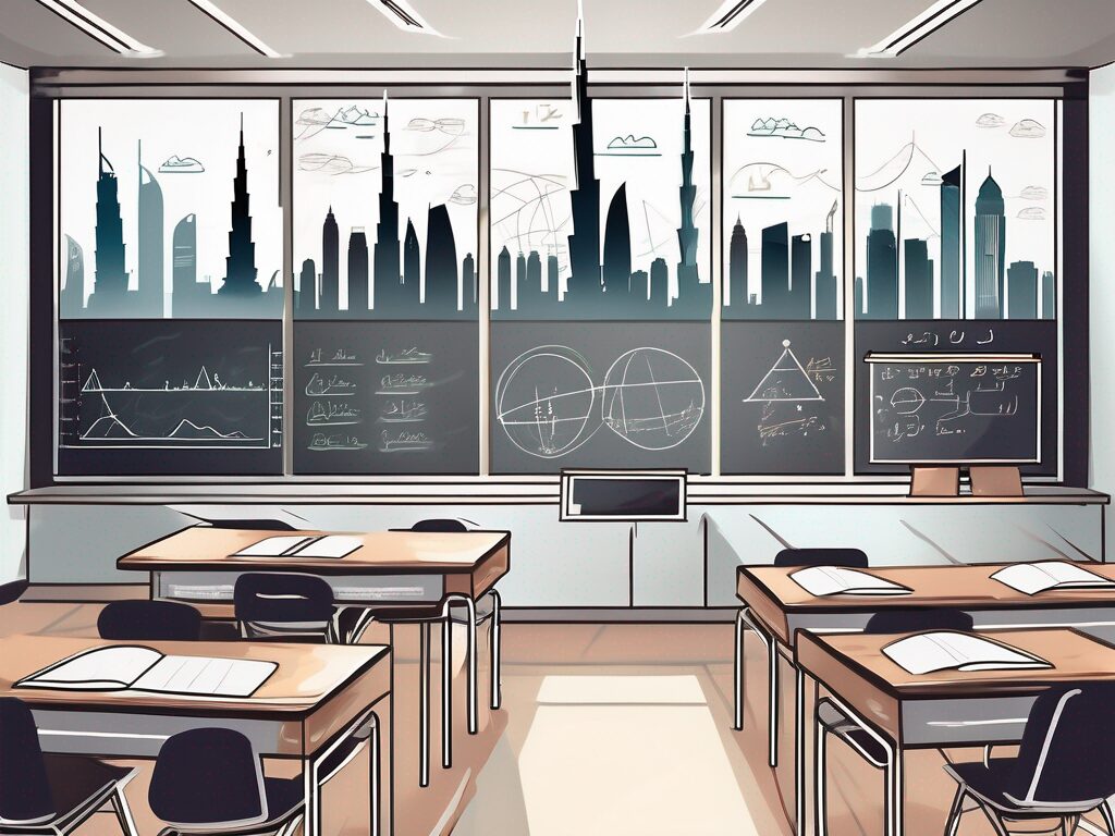 A classroom with a view of the dubai skyline