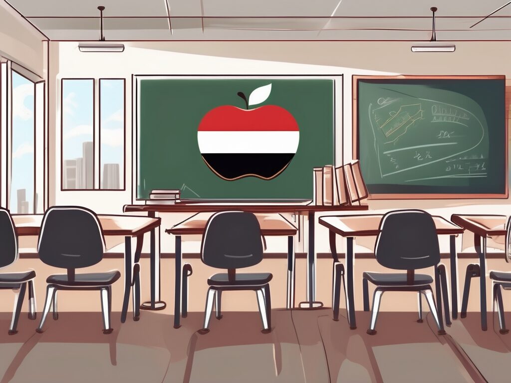 A classroom setting with empty chairs and desks