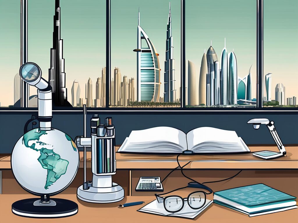 Various teaching tools associated with different subjects such as a microscope for science