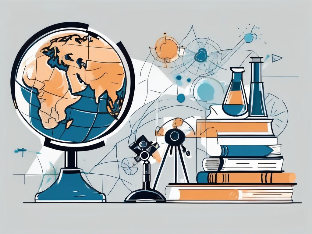 A globe highlighted with different educational symbols like a graduation cap
