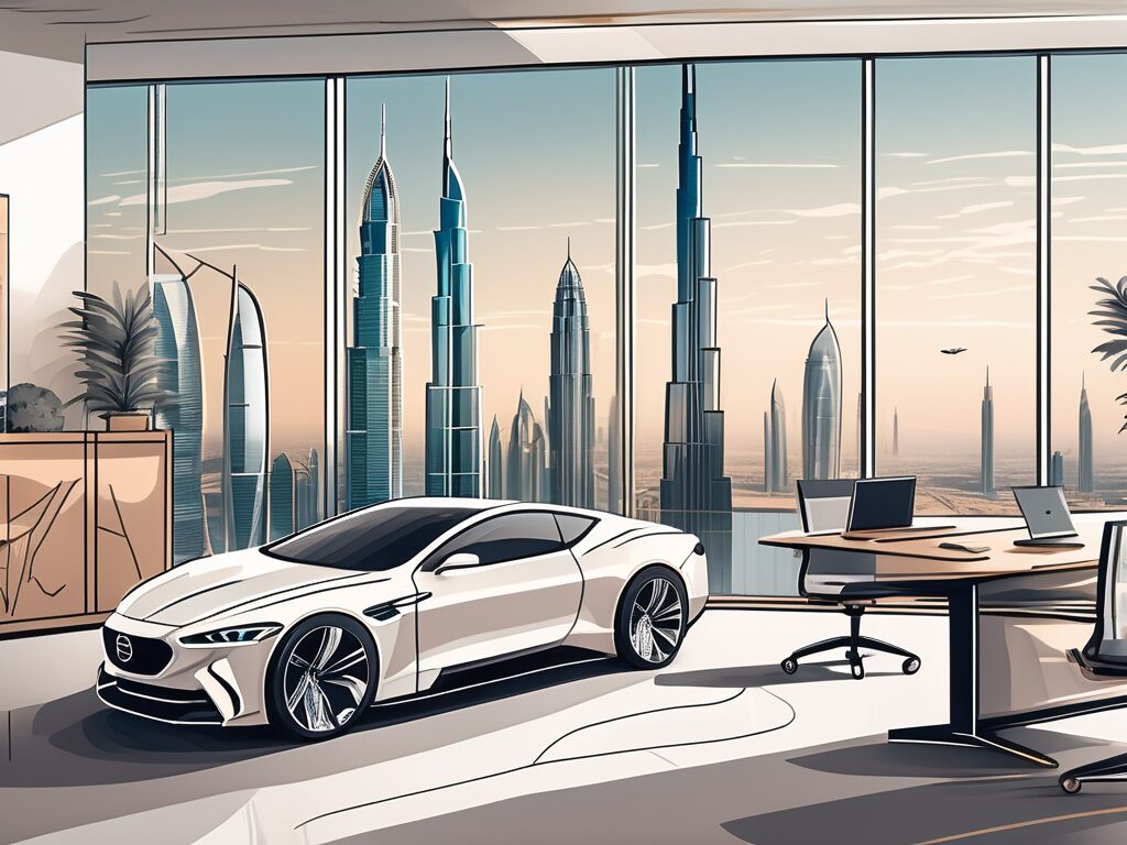 A modern classroom with a view of dubai's skyline in the background