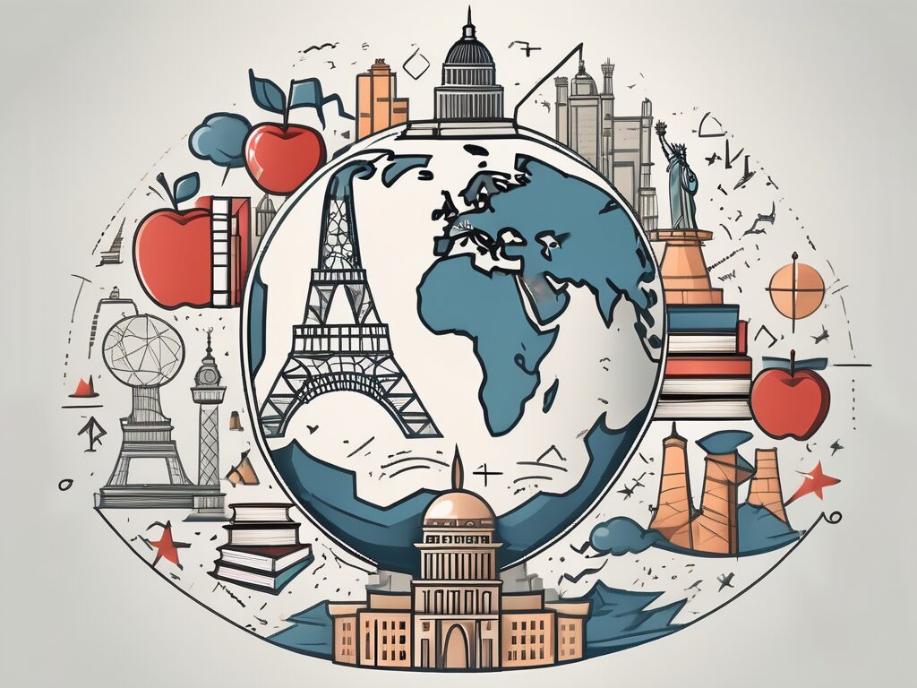 A globe with various iconic landmarks (like the eiffel tower