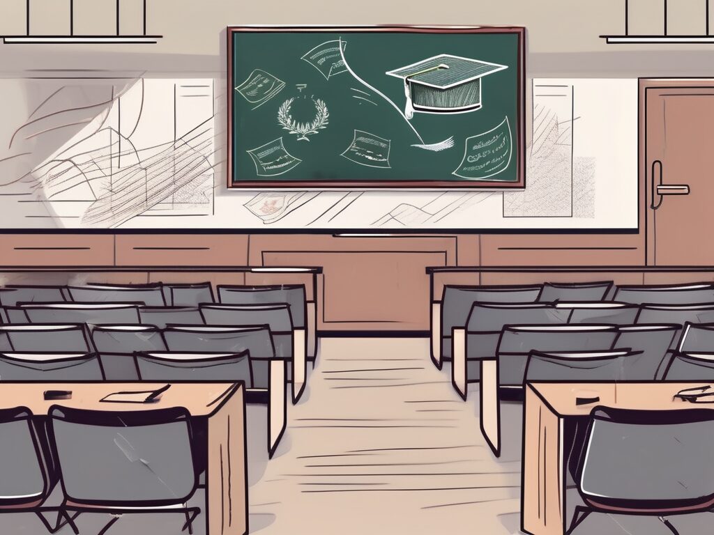 A lecture hall with a desk and a chalkboard