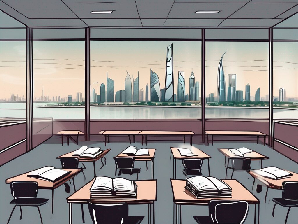 A classroom scene with a chalkboard
