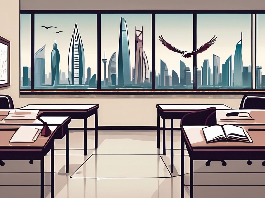A classroom setting with an empty teacher's desk in the foreground