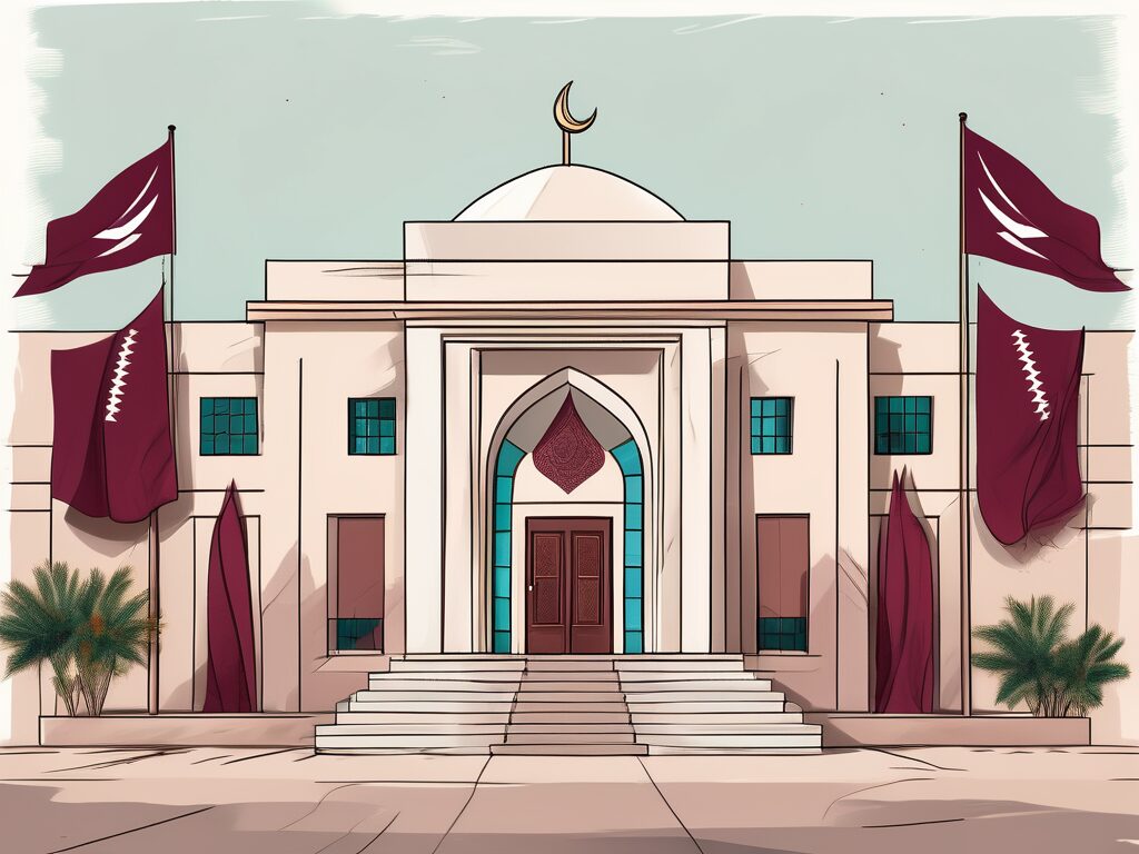 A school building adorned with qatari flags
