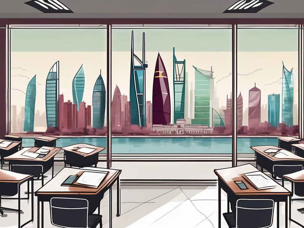 A classroom with international flags