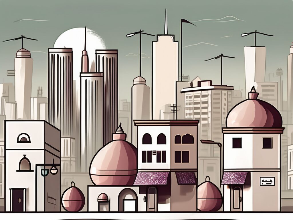 A traditional qatari cityscape with various symbols of living costs