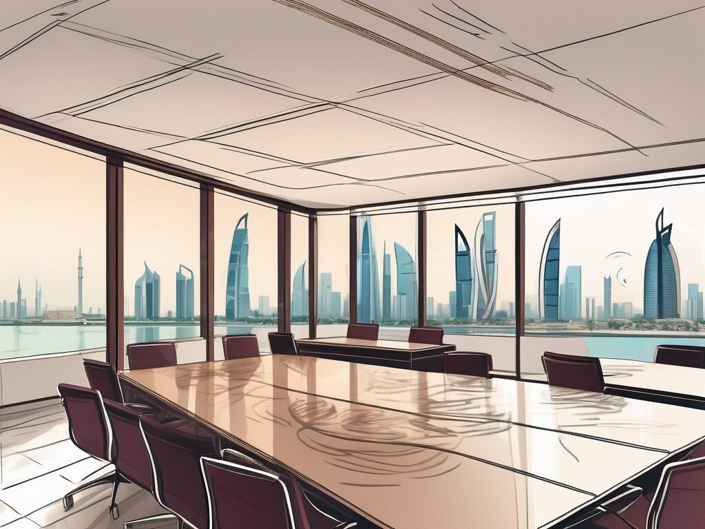 A classroom setting with a view of qatar's skyline in the background