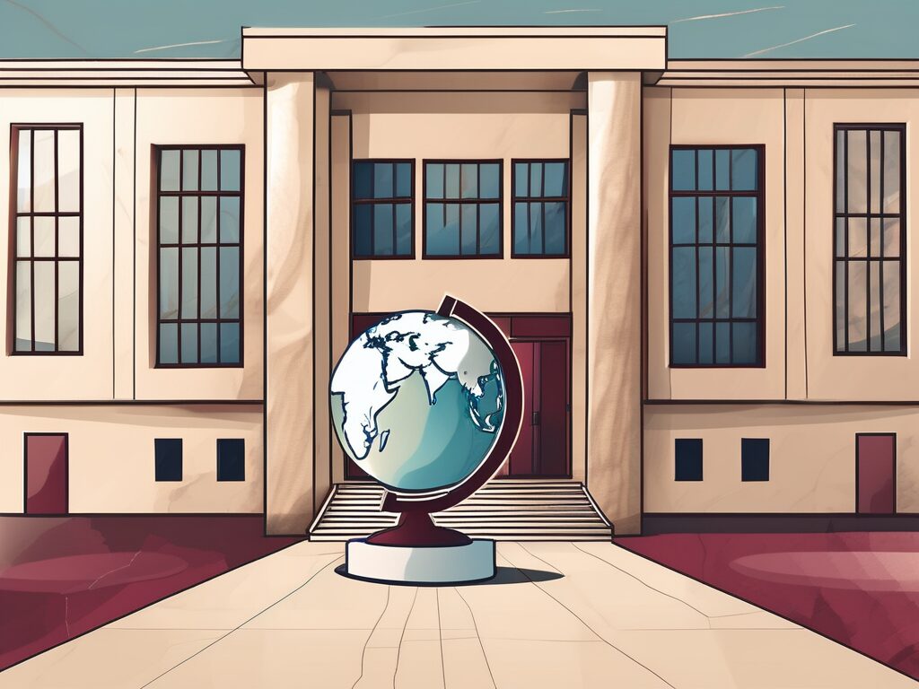 A qatari school building with a globe in the background