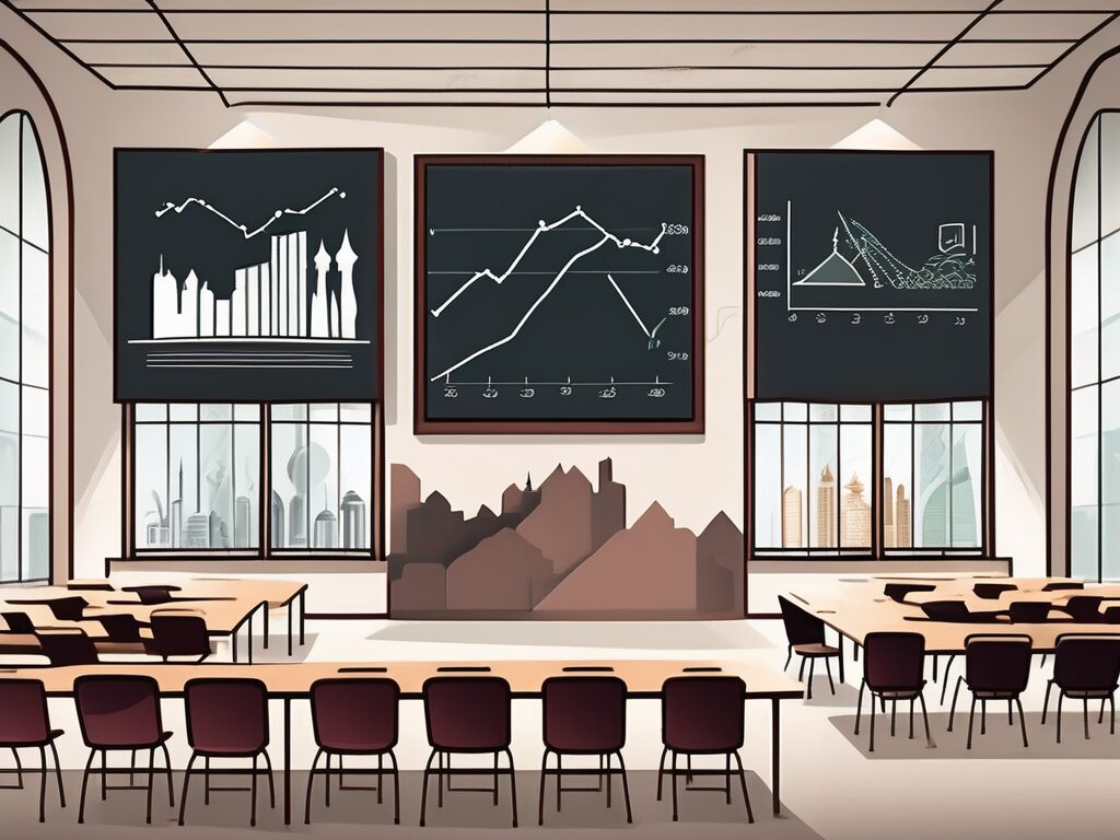 A classroom with a blackboard showing various financial graphs and charts
