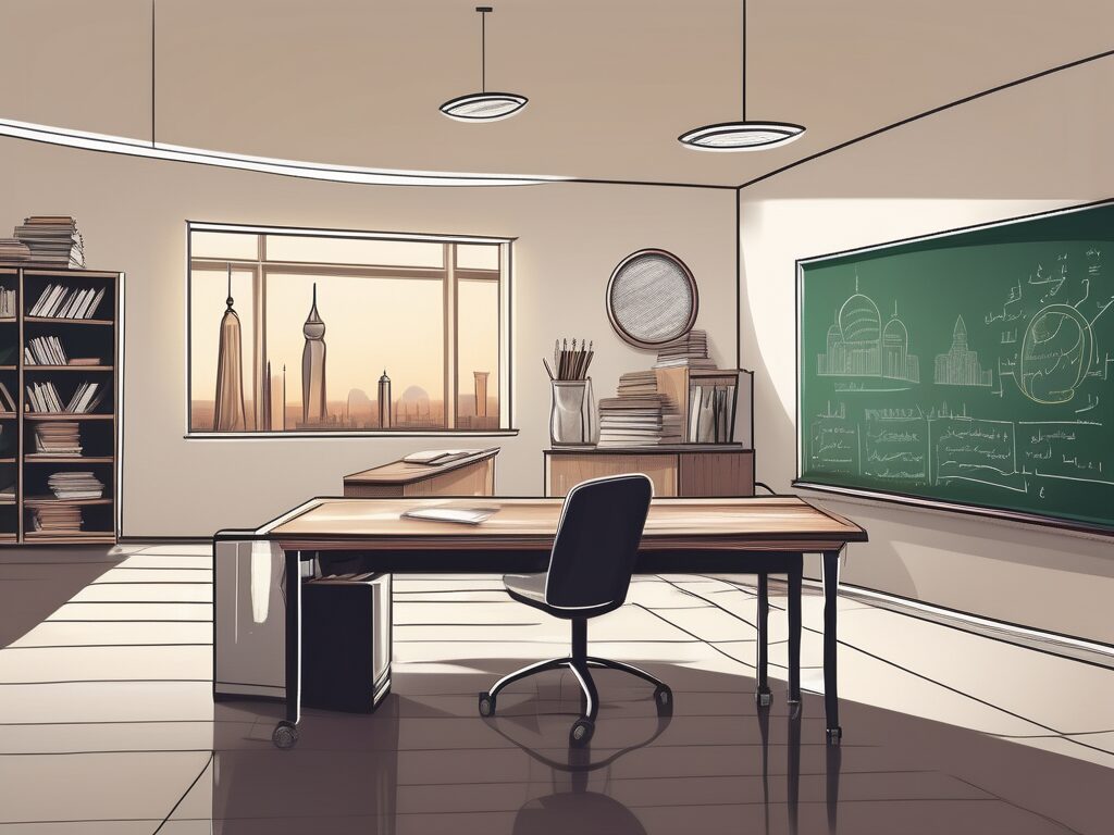 A classroom setting in saudi arabia with a teacher's desk
