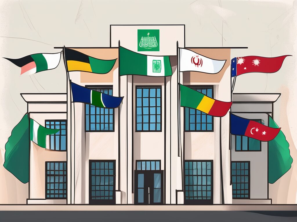 An international school building in saudi arabia with a variety of global flags waving in the wind