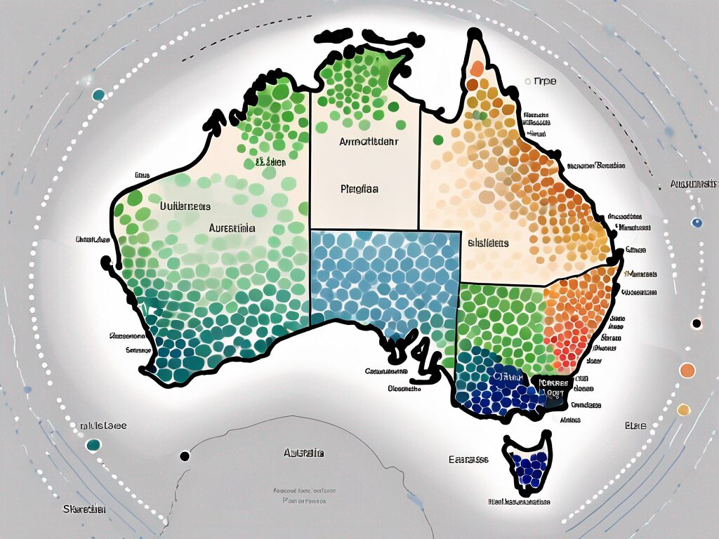 A map of australia with different sized dots representing various countries