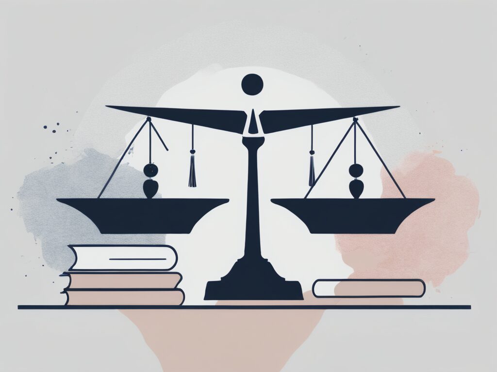A balanced scale with one side holding a laptop (representing work) and the other side holding a book (representing study)