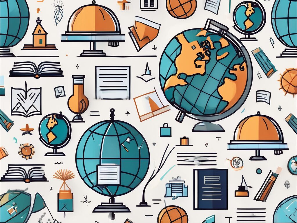 A globe with different educational icons (like books