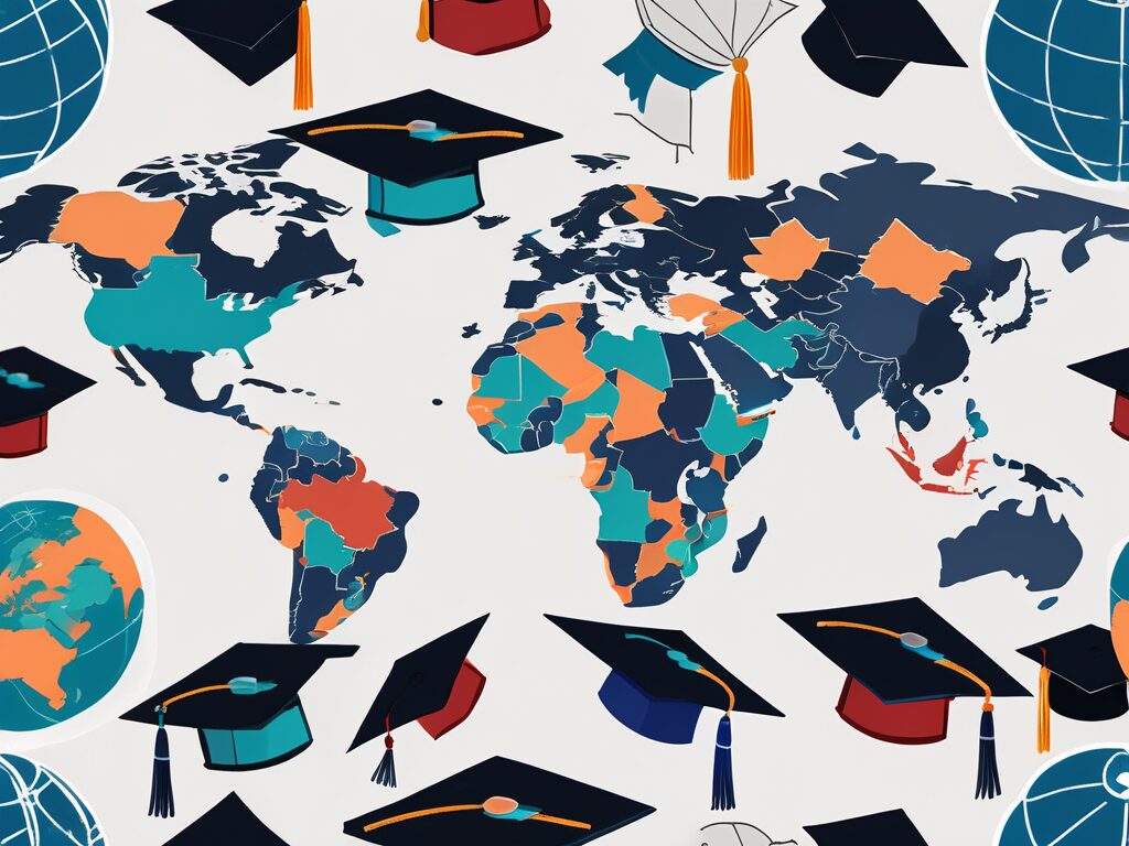 A globe with various sized groups of graduation caps scattered across different regions