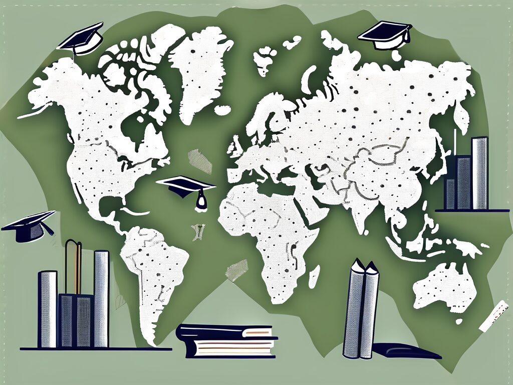 A global map dotted with school buildings