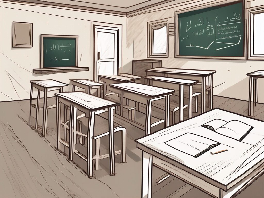 A classroom setting with traditional saudi arabian architectural elements and teaching tools like a chalkboard and books