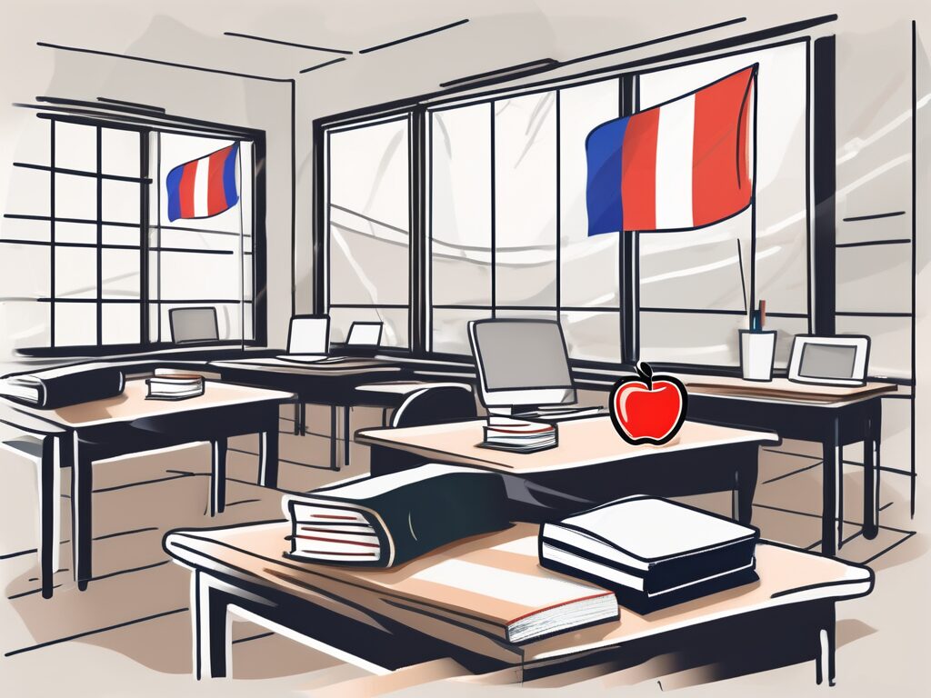 A thai school building with international flags fluttering around it