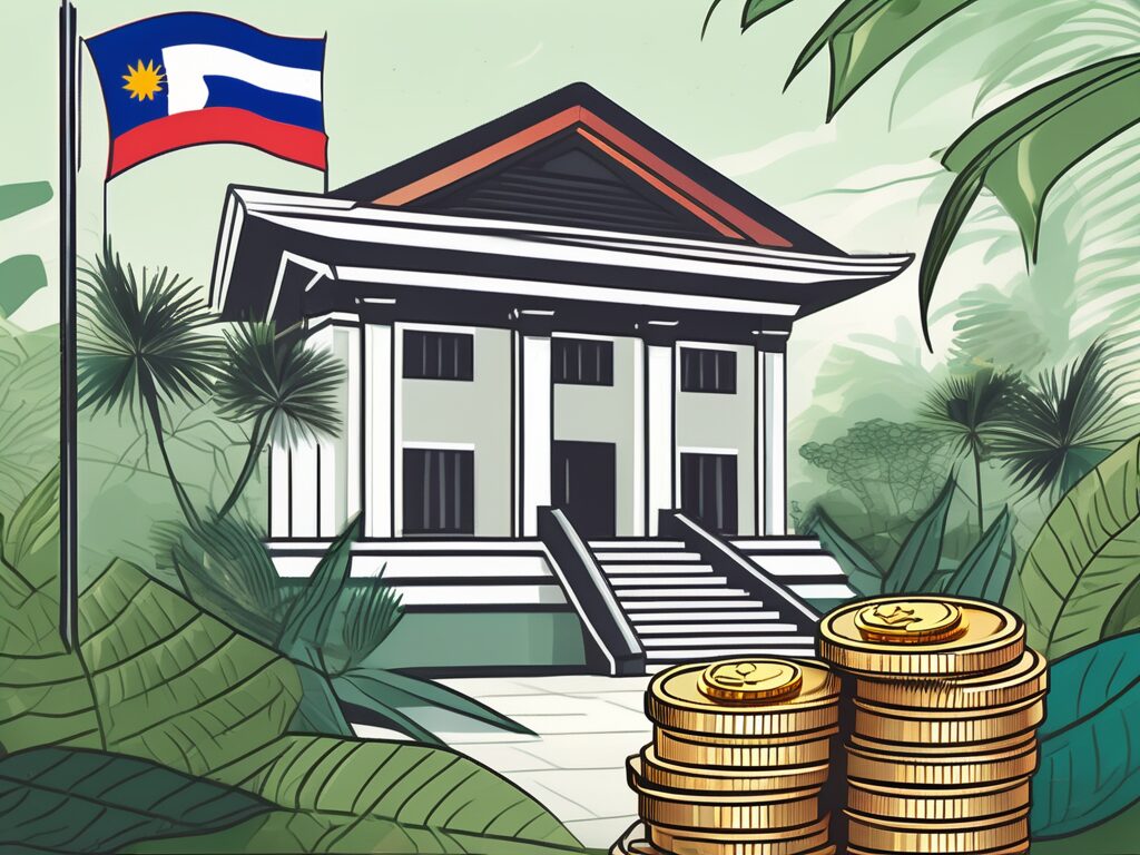 A traditional thai school building with a flag of thailand