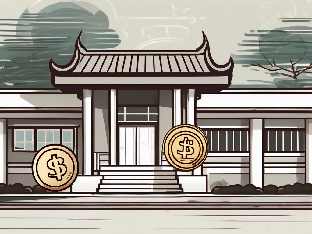 A traditional thai school building with a stack of coins on one side