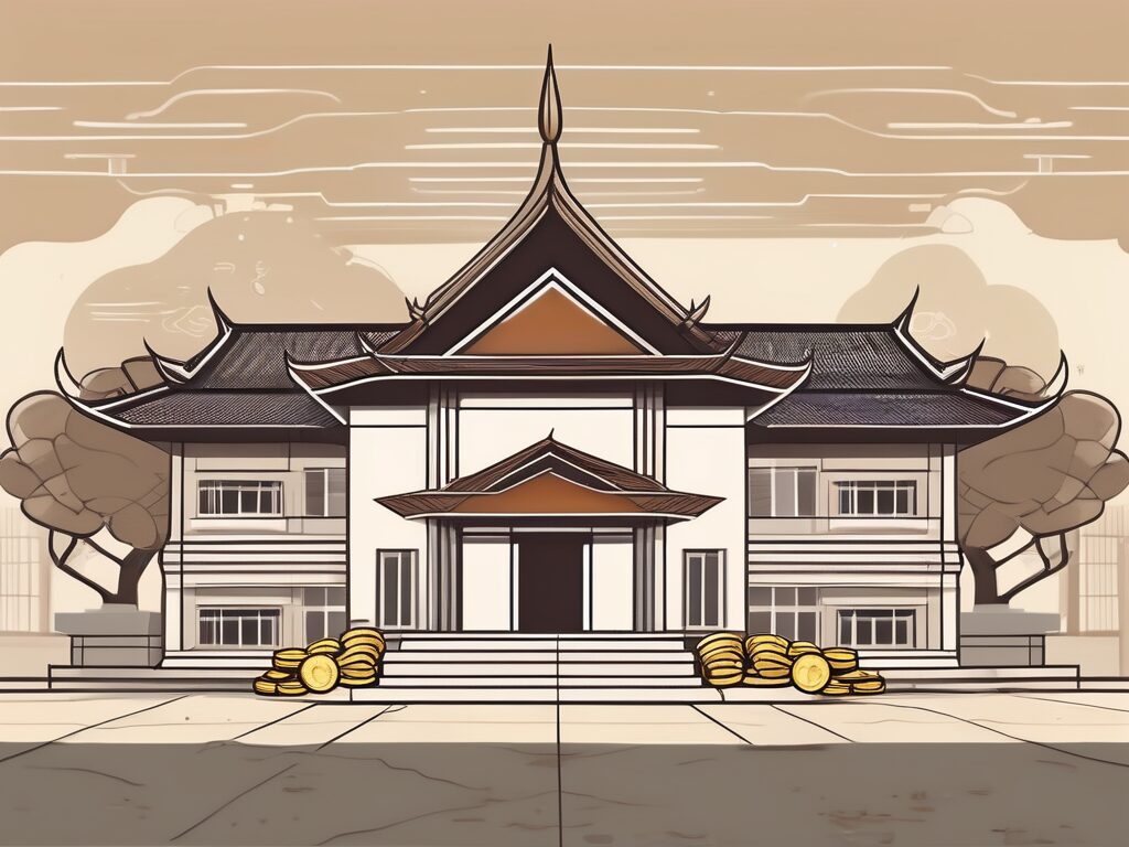 A traditional thai school building with a symbolic representation of an ipgce certificate and a sack of coins to denote wealth